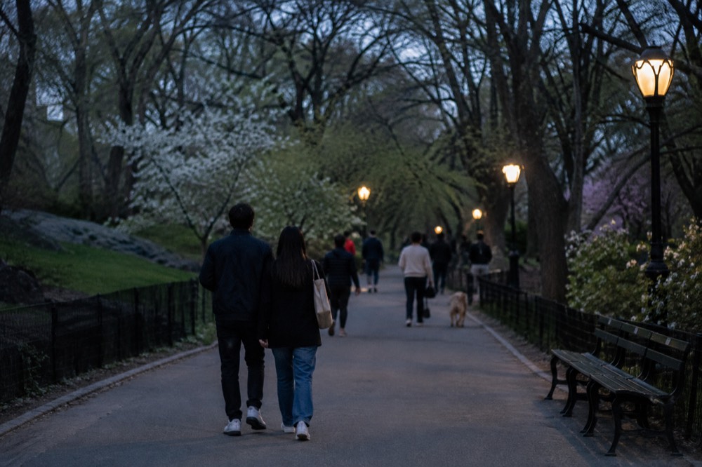 People walking along a tree-lined path in Central Park on a mild spring day