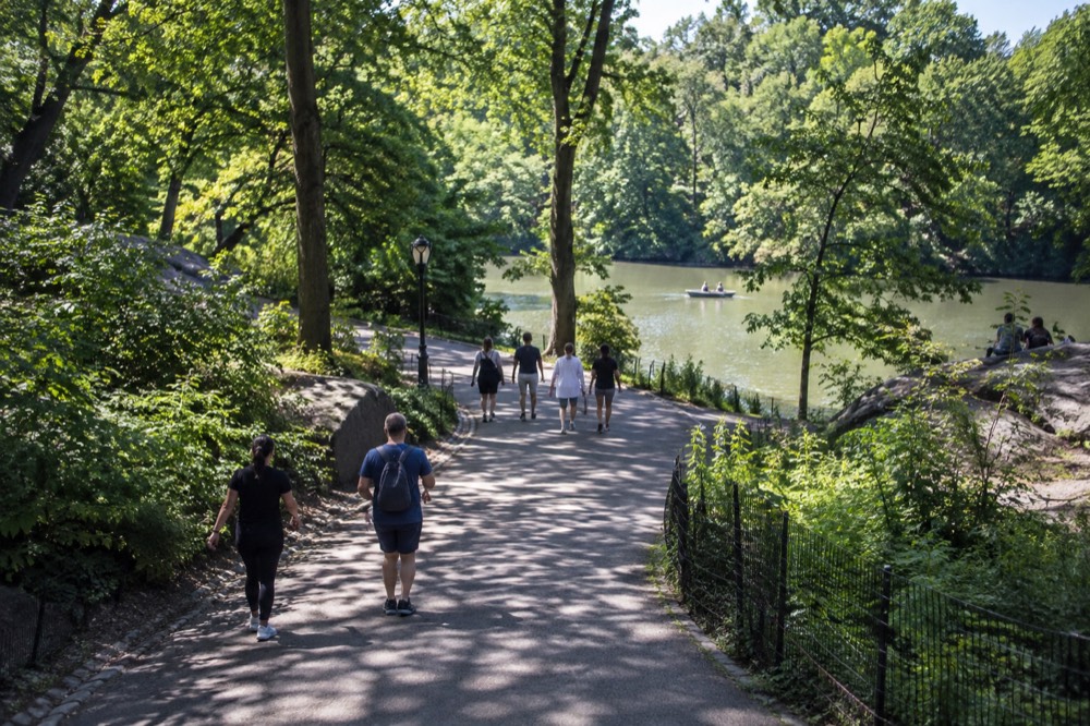 People walking along a shaded Central Park path on a bright summer day