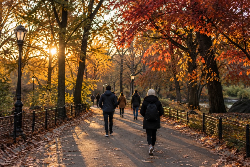 Walkers on a tree-lined path in Central Park with red and gold leaves overhead