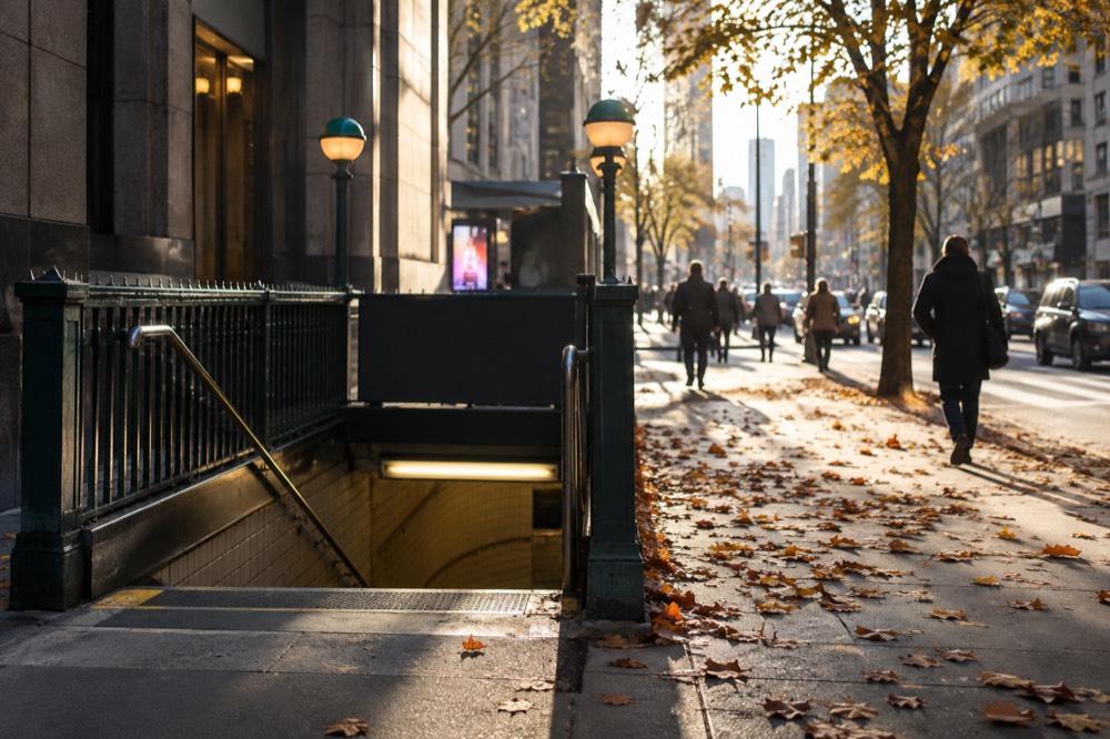 A subway entrance with autumn leaves scattered on the sidewalk beside it