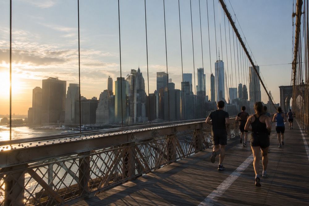 Runners crossing a bridge high above a river with the Manhattan skyline in the distance