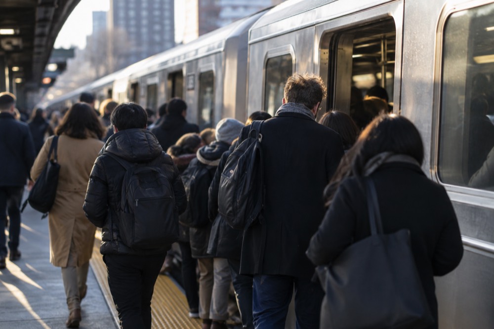 People boarding a crowded subway train on a platform