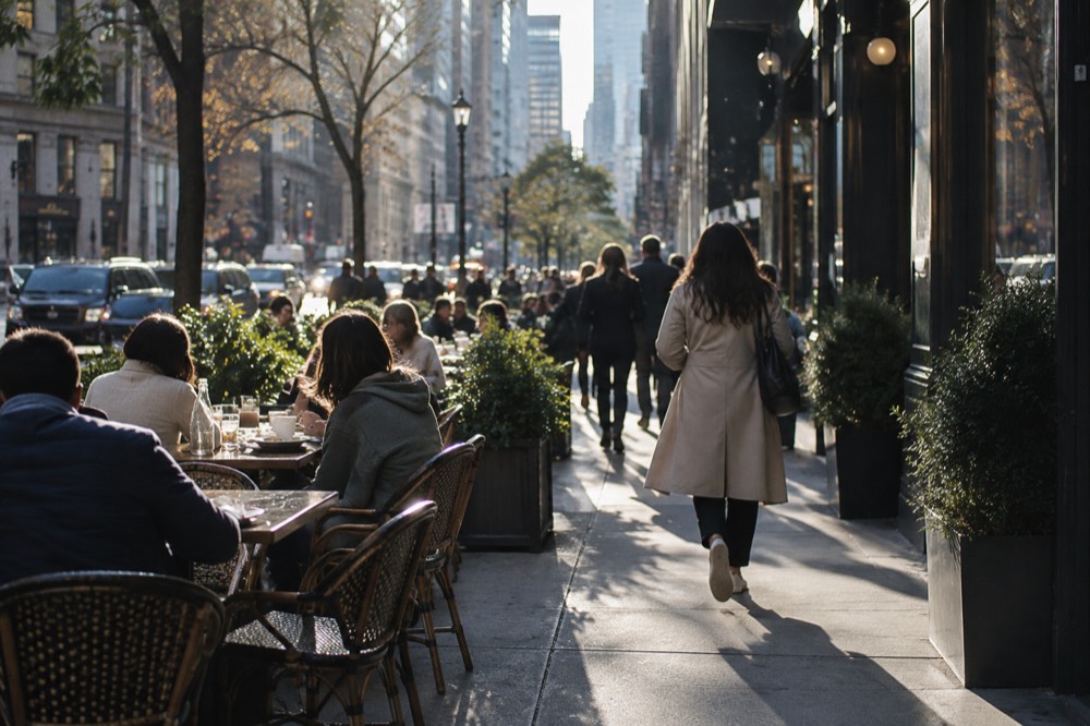 A busy sidewalk cafe with people eating at outdoor tables in a New York neighborhood