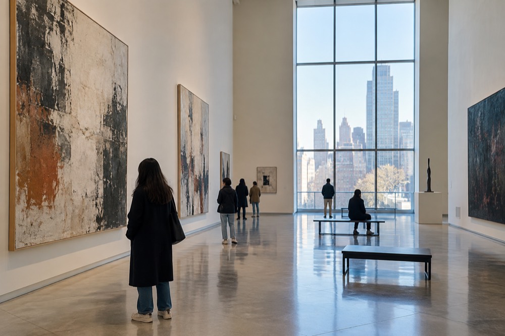 A museum gallery with tall ceilings and paintings on the walls