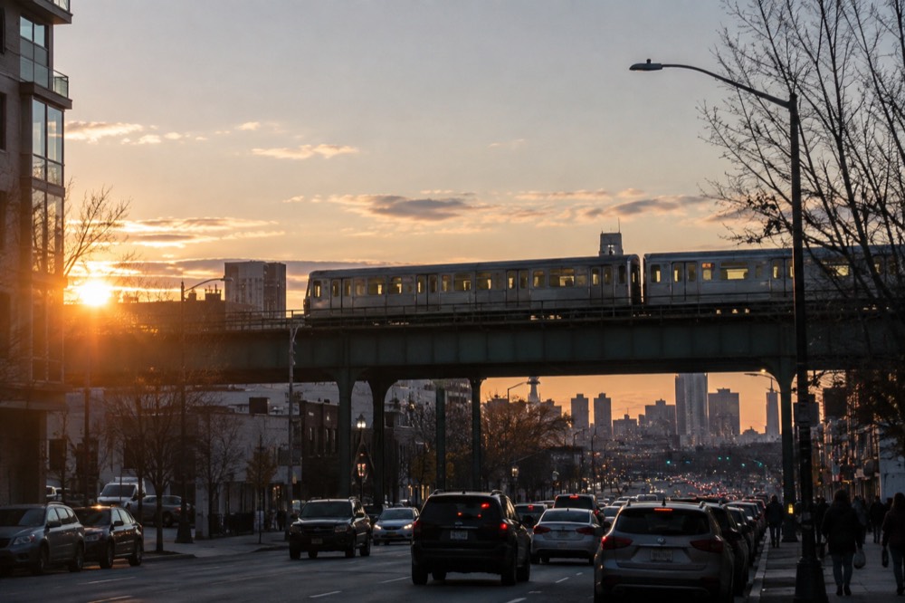 The 7 train crossing an elevated track above a busy Queens street at dusk