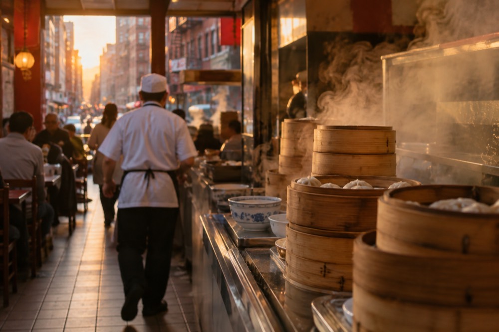 Steam rising from dumpling baskets on a counter in a busy Chinatown restaurant