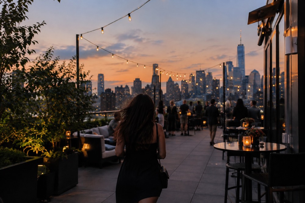 A rooftop bar at dusk with string lights, cocktail tables and the Manhattan skyline behind