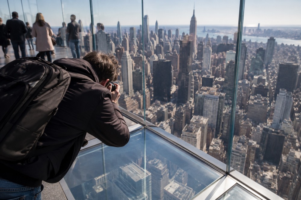 A photographer leaning over the glass floor section of an outdoor observation deck high above Manhattan