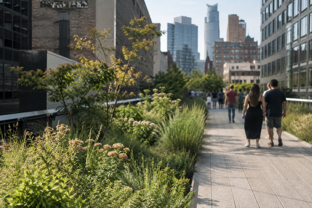 The High Line elevated walkway with plantings and city buildings on both sides