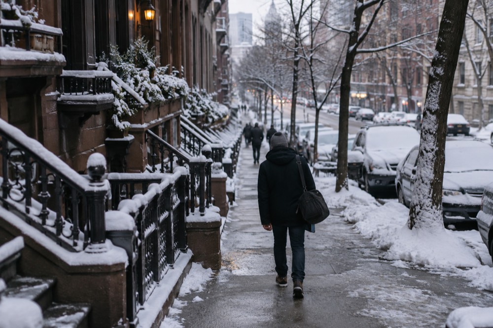 A photographer with a camera bag walking a snowy brownstone street at dawn