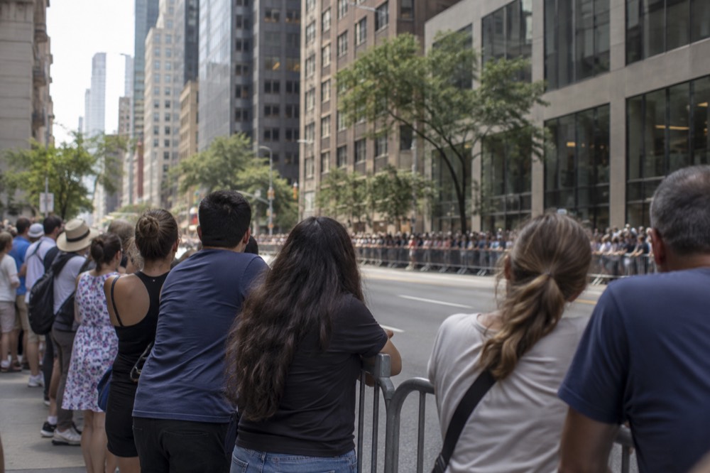 Spectators lean against police barricades three deep along a sunny avenue waiting for the march