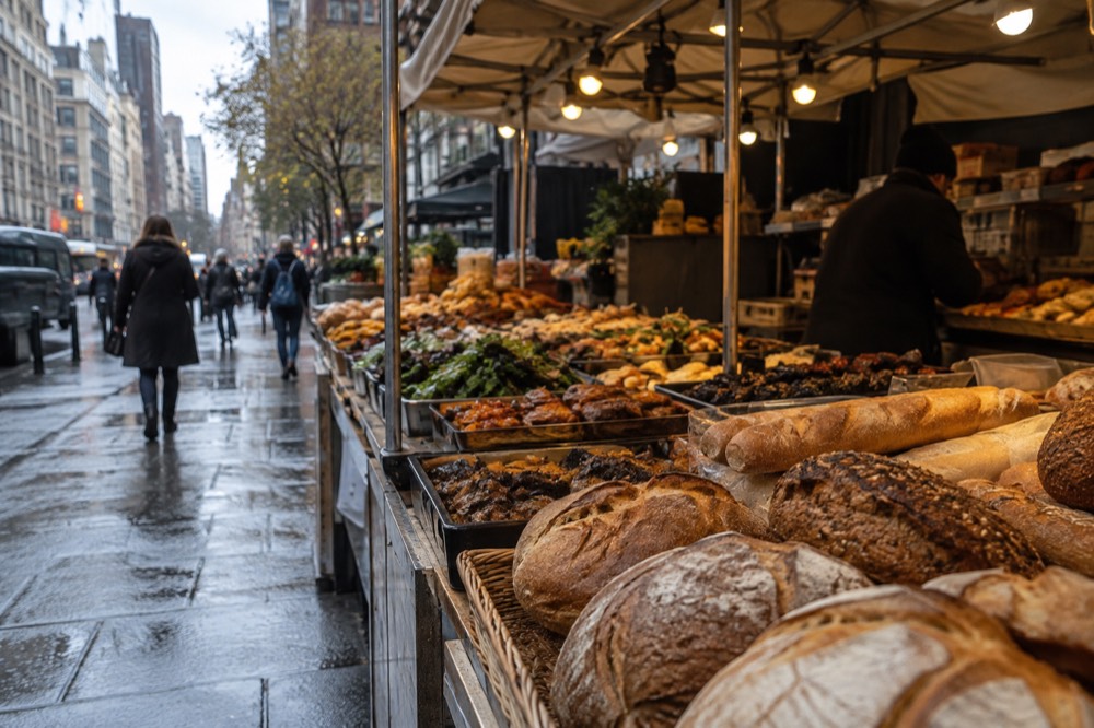 A food market stall displaying breads and prepared foods under warm lights
