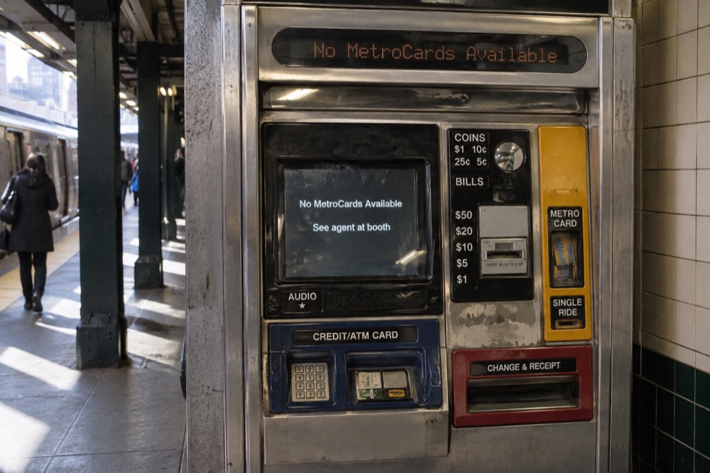 An empty MetroCard vending machine in a New York subway station