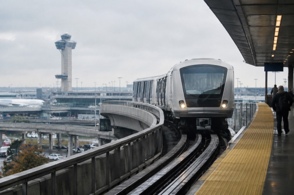An AirTrain monorail arriving at a JFK airport station