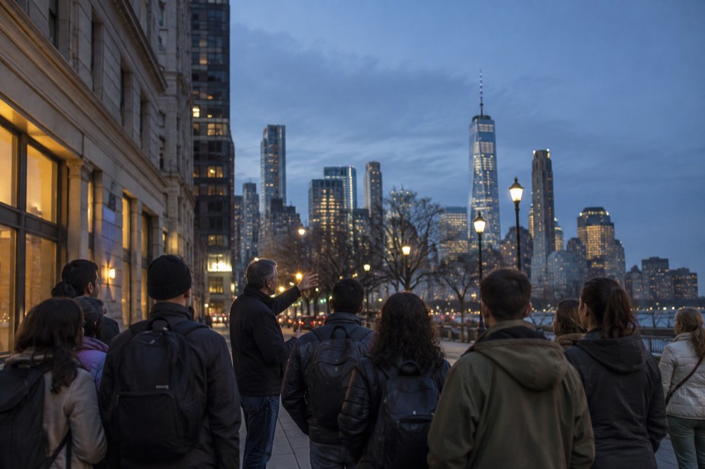 A walking tour group listening to a guide on a Lower Manhattan street