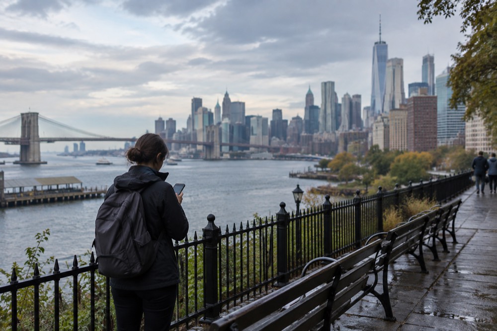 A traveler with a backpack checking a phone on a Brooklyn Heights promenade walkway