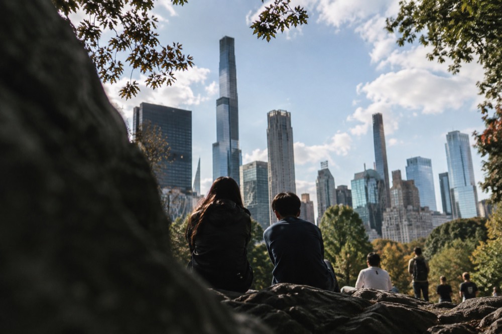 Manhattan skyline on a bright clear day seen from Central Park