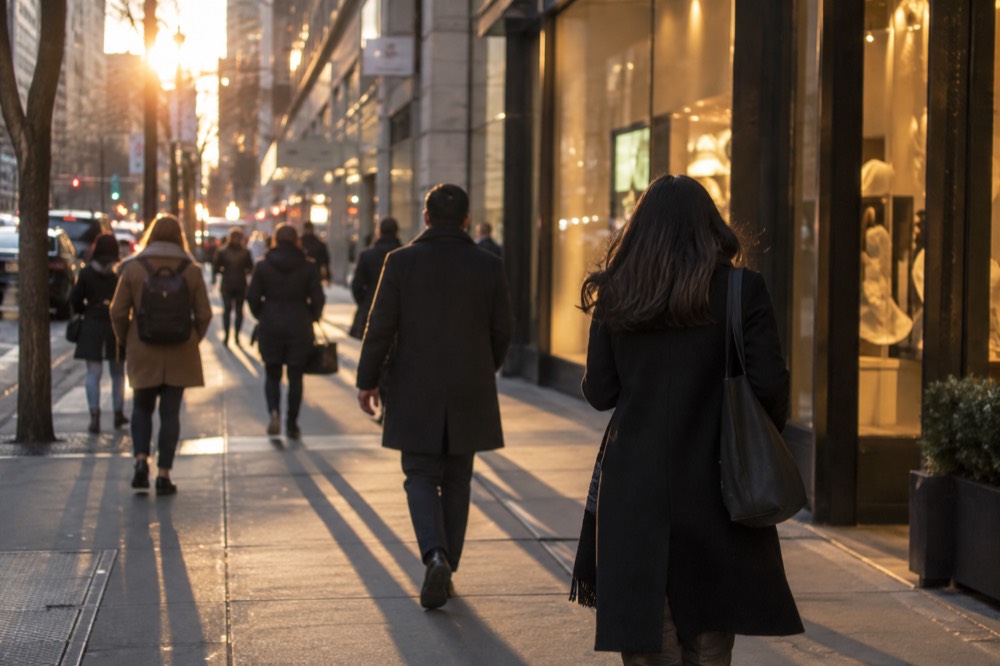 Pedestrians in coats walking past a Manhattan storefront on a cool evening