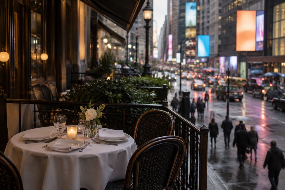 A quiet restaurant table set for dinner near a small New York theater