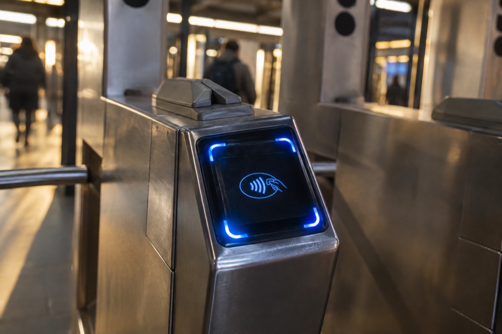 A close-up of a blue OMNY contactless reader mounted on a subway turnstile