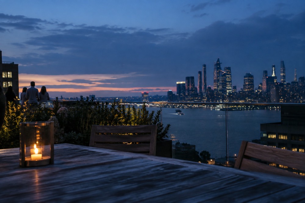 A rooftop terrace with the Hudson River and New Jersey skyline visible at sunset