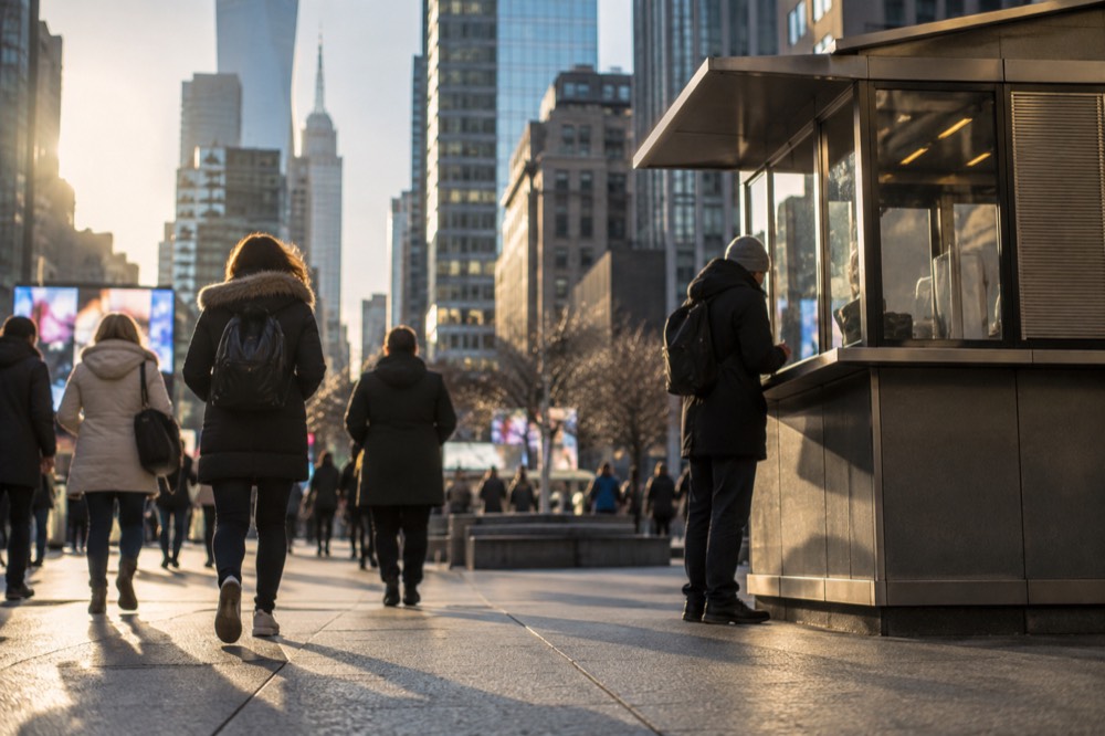 Visitors walking past a ticket booth in a busy New York plaza with skyscrapers behind them