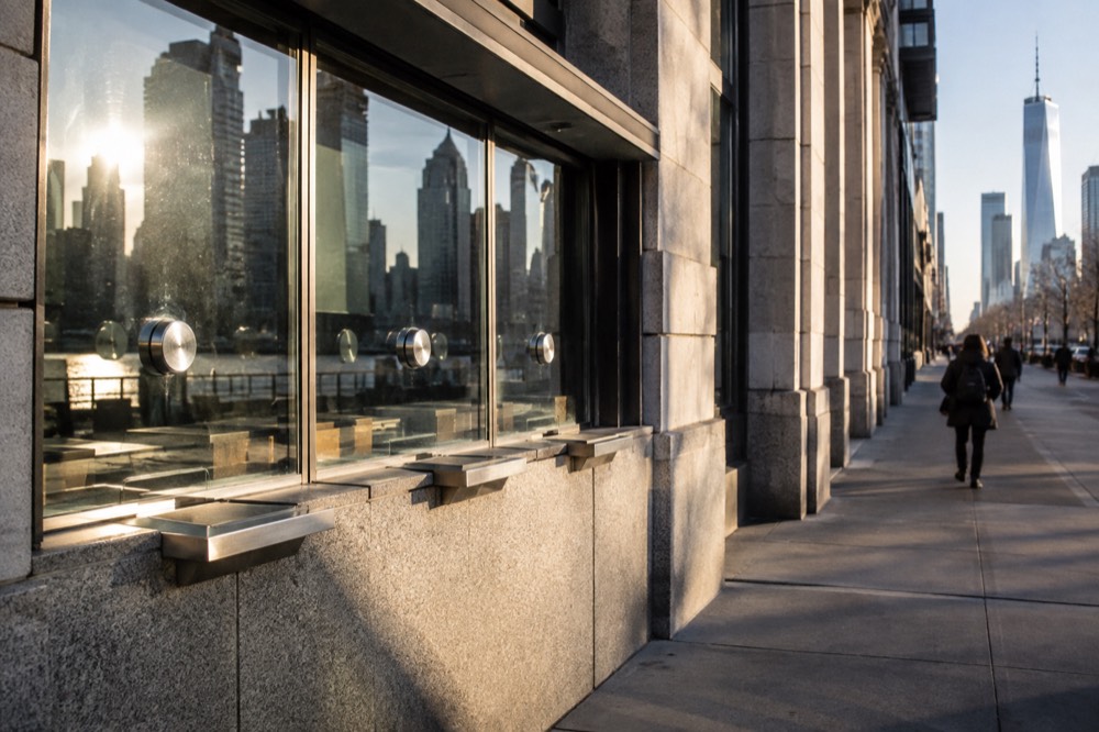 A closed ticket window in Lower Manhattan with reflections of the skyline in the glass