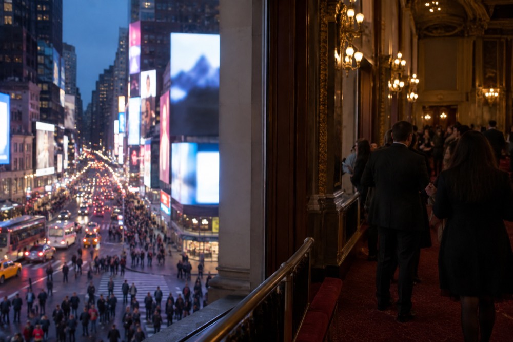 A grand Broadway auditorium seen from the upper balcony with red seating and an ornate proscenium
