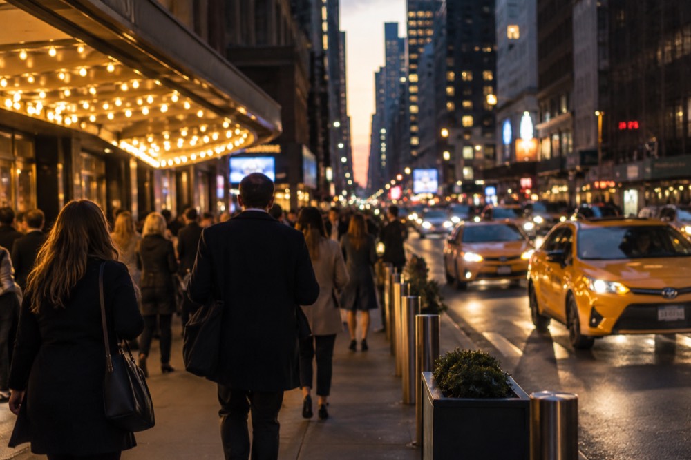 A busy Midtown sidewalk at night with theater crowds and yellow taxis passing under streetlights
