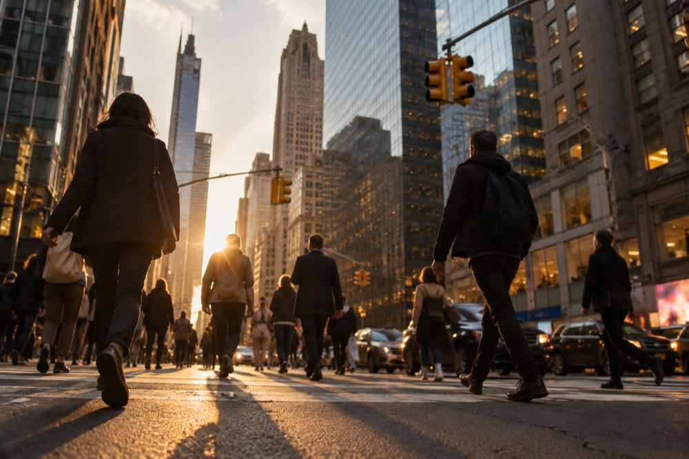 Pedestrians crossing a busy New York street with skyscrapers and yellow traffic lights above
