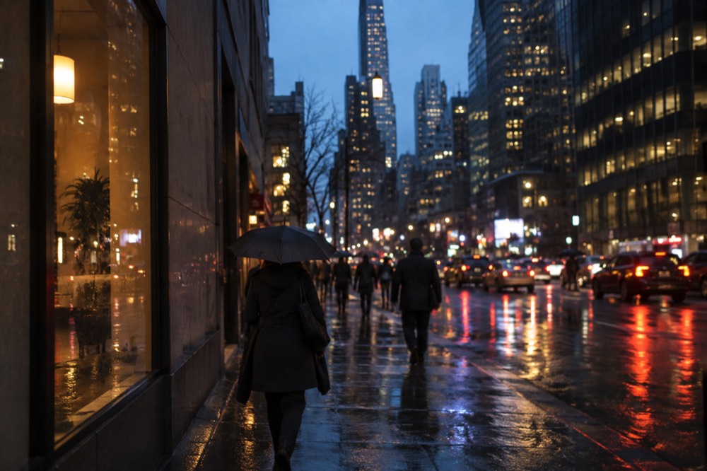 Rain-slicked city street reflecting neon signs and umbrellas in the evening