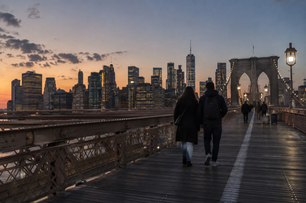 A couple walking across the Brooklyn Bridge promenade at dusk with the Manhattan skyline lit behind them