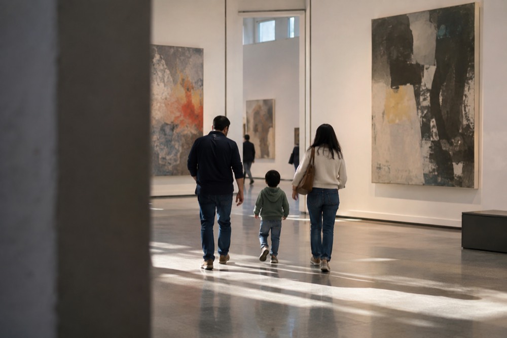 A family walking through a bright museum gallery with large paintings on the walls