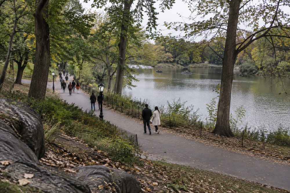 People strolling along a tree-lined park path beside a lake in Central Park