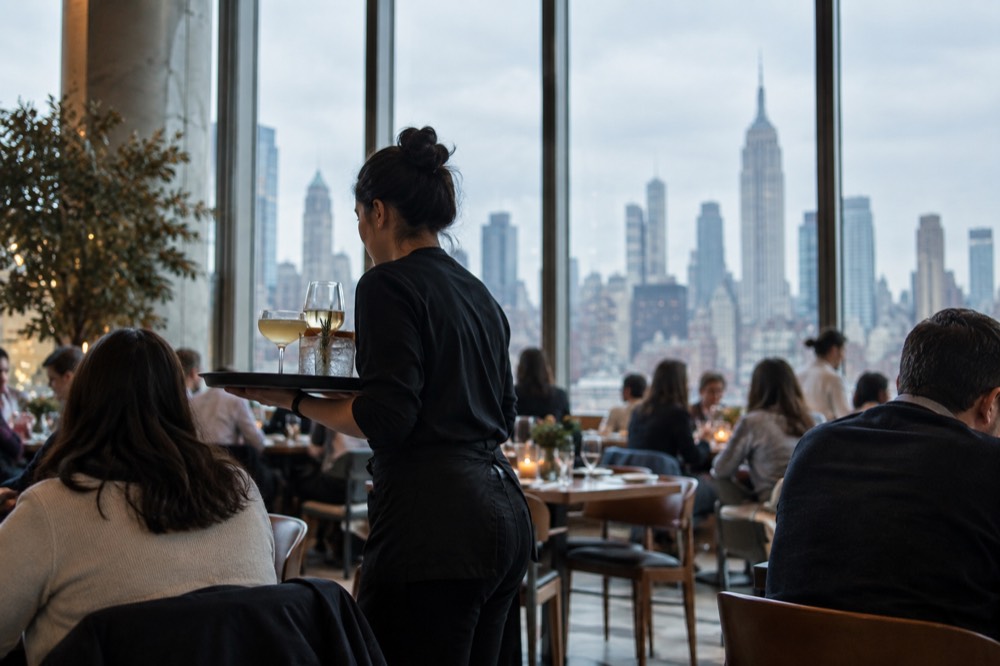 A restaurant server carrying a tray of drinks between tables in a busy New York dining room