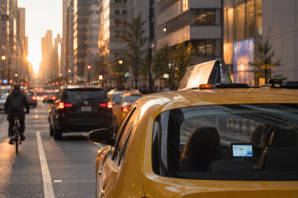 A yellow taxi interior with the payment screen glowing in the back seat