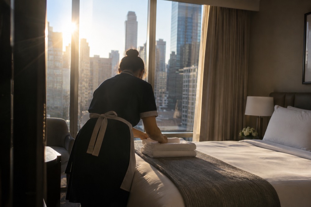 A hotel room attendant arranging towels on a made bed near a window