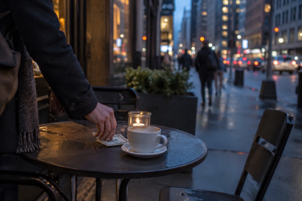 A customer leaving cash on an empty cafe table beside an empty coffee cup