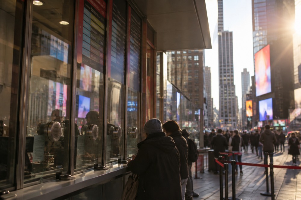 A TKTS booth ticket window with the price board listing show names and discount percentages