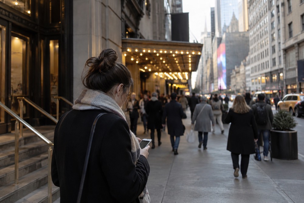 A theatergoer comparing show prices on a smartphone outside a Broadway theatre