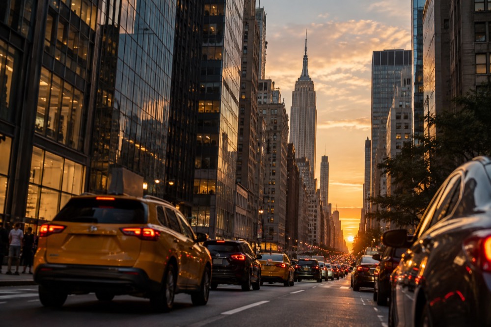 A Manhattan avenue at dusk with rideshare cars and yellow taxis in traffic