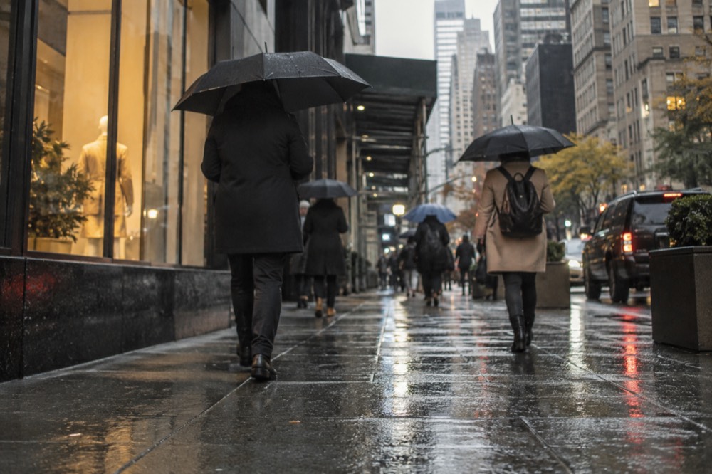 A rainy sidewalk in New York with people walking under umbrellas past storefronts
