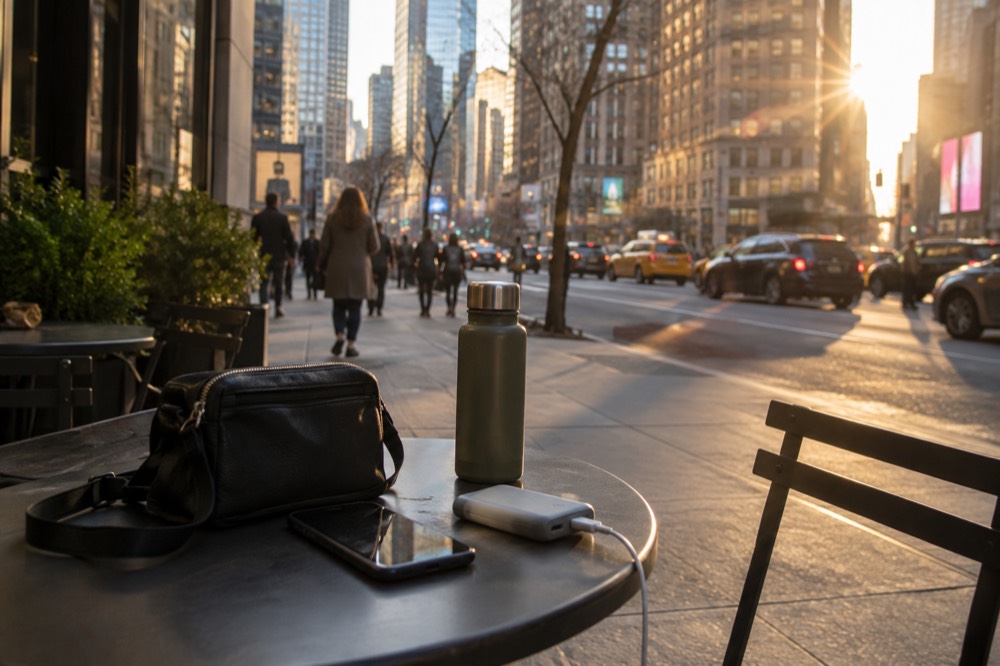 A small crossbody day bag on a cafe table with a phone, power bank and water bottle