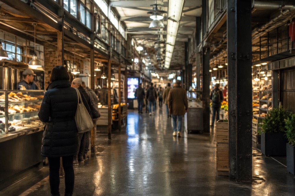 Chelsea Market's indoor concourse with wide level walkways between food stalls