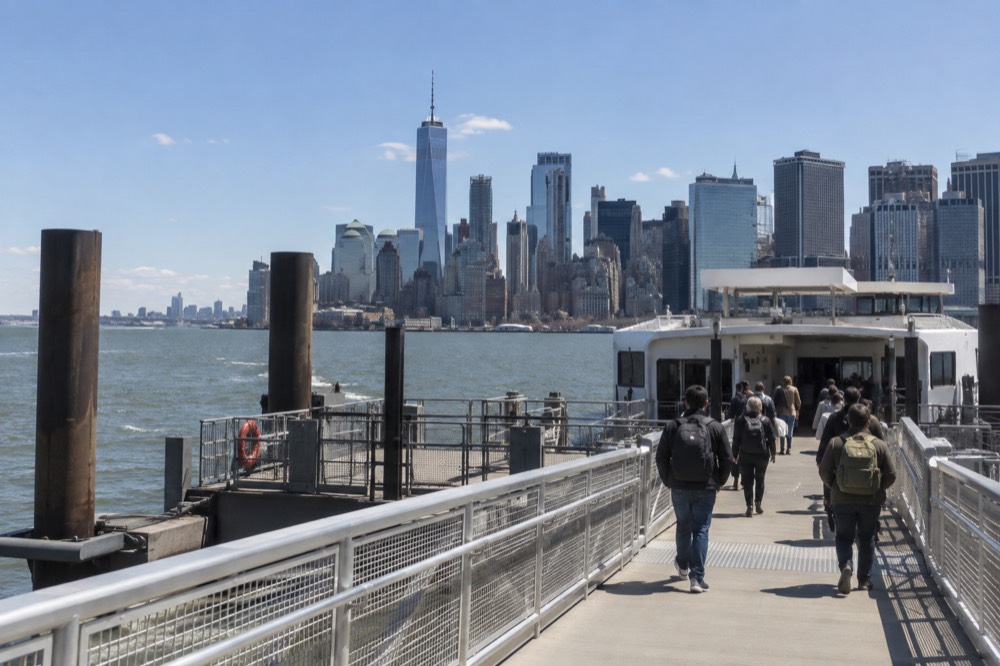 A wide accessible ferry boarding ramp at a Lower Manhattan pier with the harbor beyond