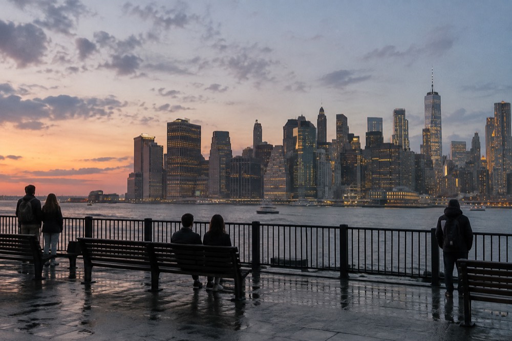 The Manhattan skyline seen at twilight from a Brooklyn Heights promenade