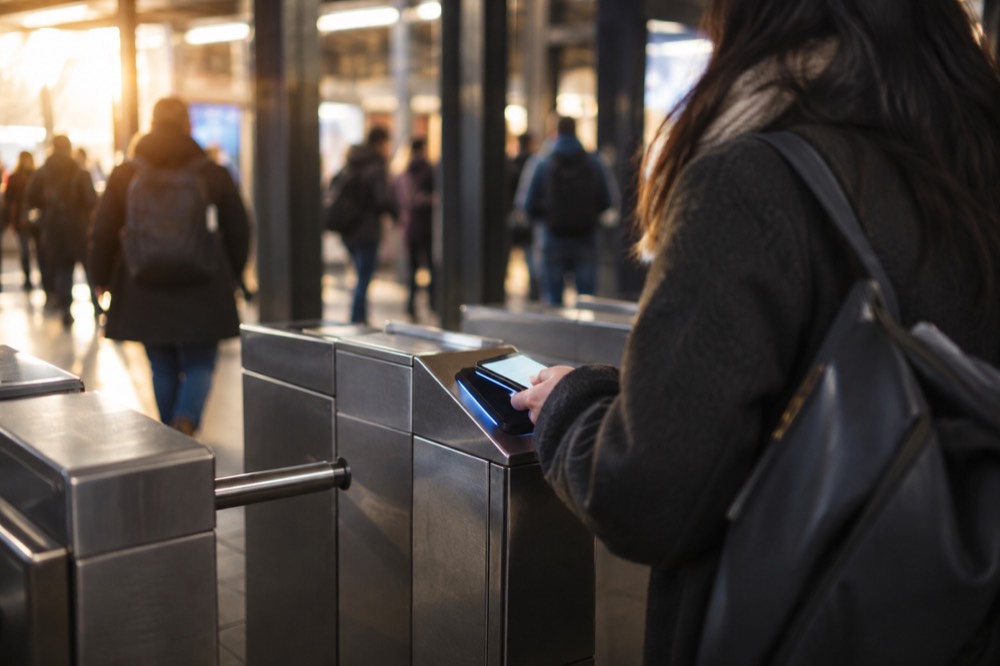 Travelers tapping a phone at a subway turnstile in a New York station