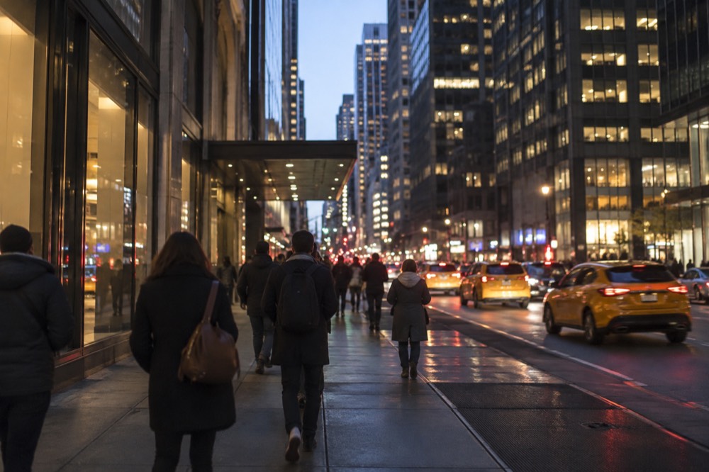 People walking along a brightly lit Midtown street after dark with taxis passing