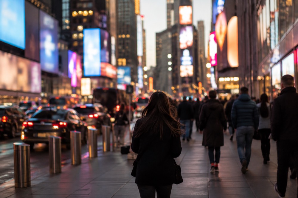 A busy Times Square at night with illuminated billboards and theater crowds