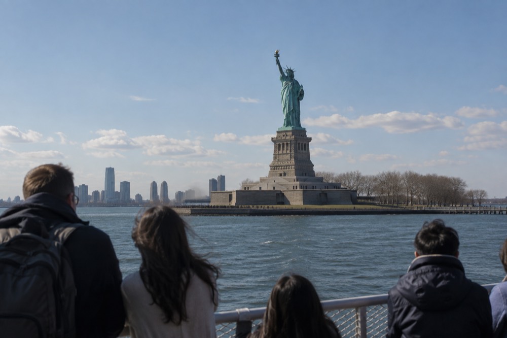 The Statue of Liberty seen from the water with a ferry's deck rail in the foreground